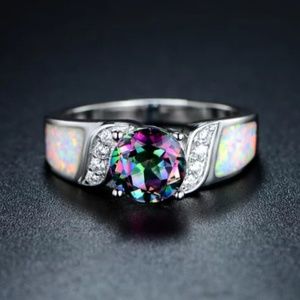 White Gold Plated Genuine Topaz & White Fire Opal